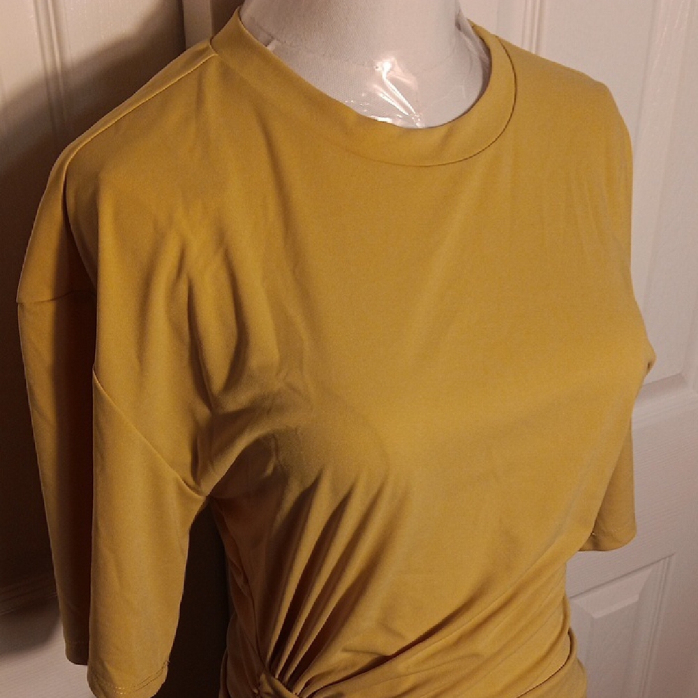 ZARA NWT Draped Ruched T-Shirt Mini Dress Chartreuse Yellow XS - Picture 7 of 16